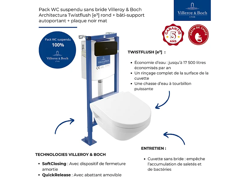 Pack WC suspendu sans bride Villeroy & Boch Architectura Twistflush [e³] rond + bâti-support ViConnect + plaque noir