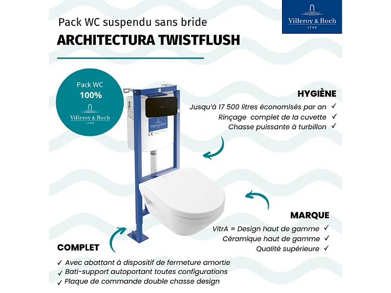 Pack WC suspendu sans bride Villeroy & Boch Architectura Twistflush [e³] rond + bâti-support ViConnect + plaque noir