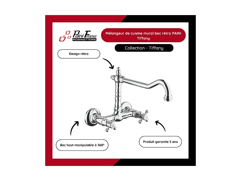 Mélangeur de cuisine mural bec rétro PAINI Tiffany Chromé