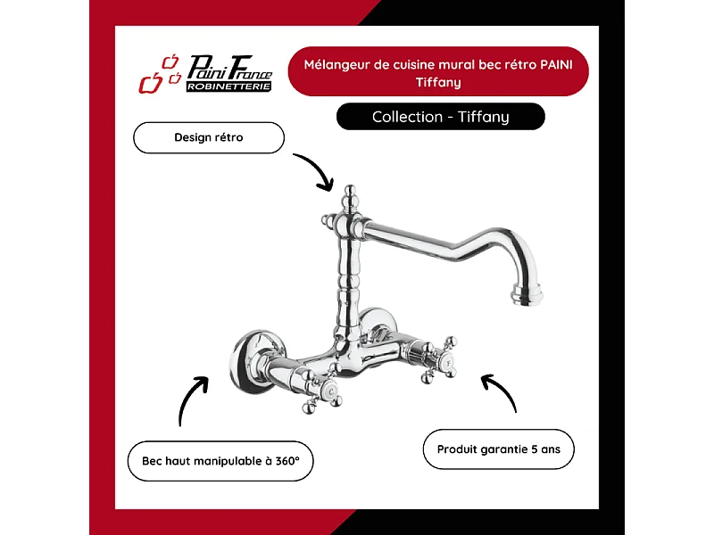 Mélangeur de cuisine mural bec rétro PAINI Tiffany Chromé