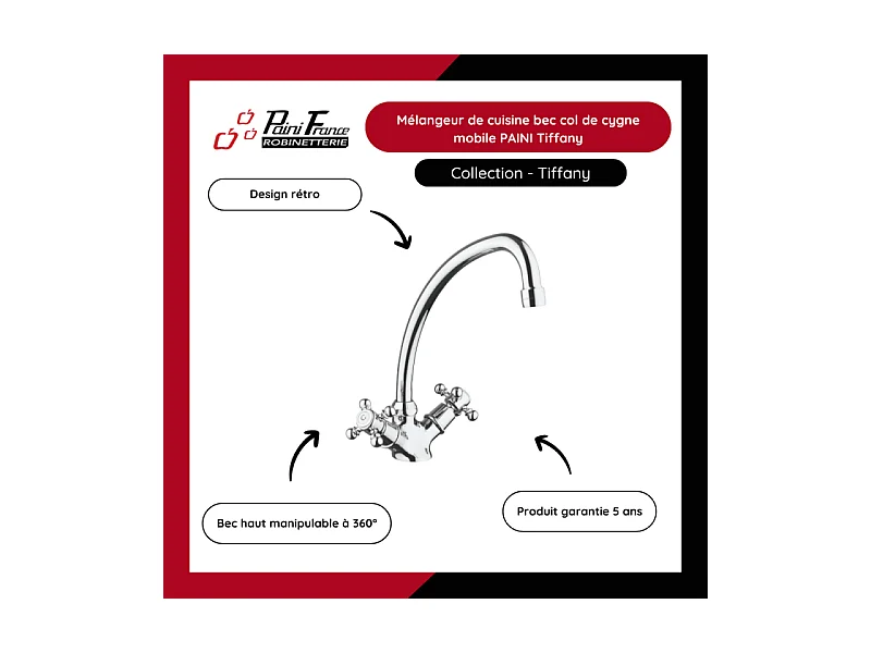 Mélangeur de cuisine bec col de cygne mobile PAINI Tiffany Cuivre