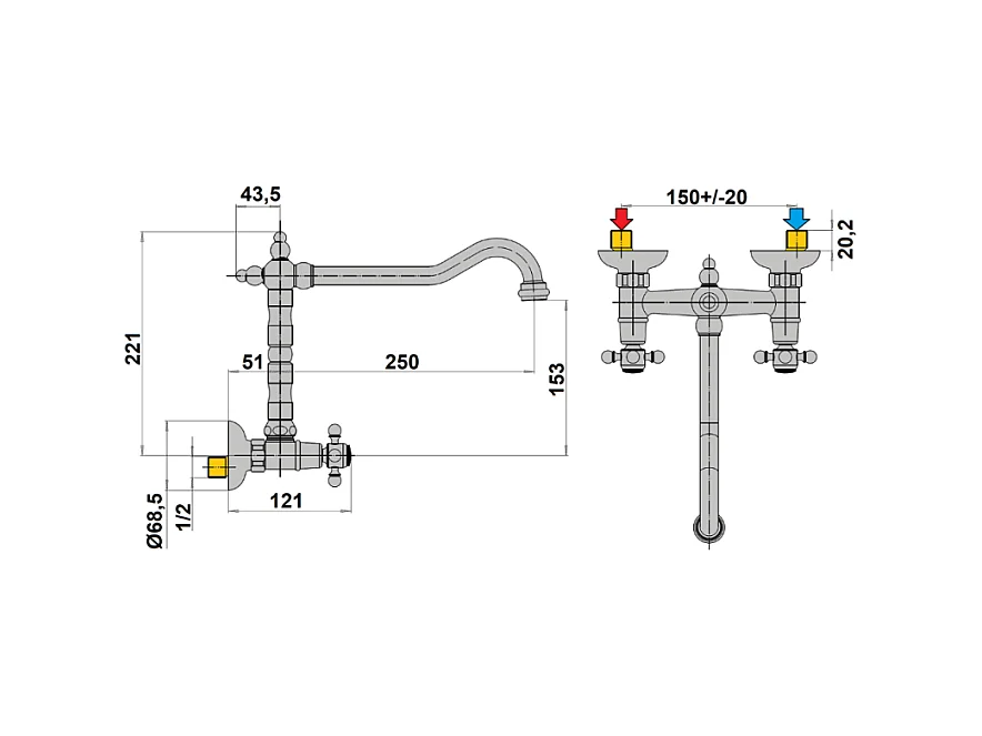 Mélangeur de cuisine mural bec rétro PAINI Tiffany Cuivre