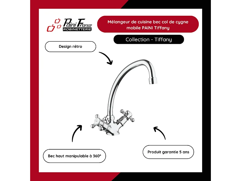 Mélangeur de cuisine bec col de cygne mobile PAINI Tiffany Blanc