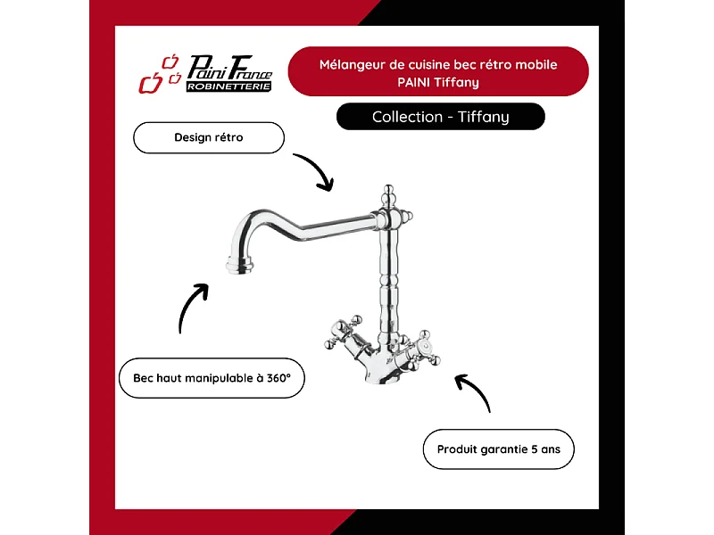 Mélangeur de cuisine bec rétro mobile PAINI Tiffany Vieux Bronze