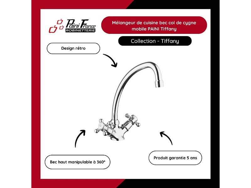 Mélangeur de cuisine bec col de cygne mobile PAINI Tiffany Terre de France