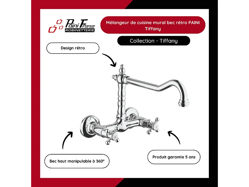 Mélangeur de cuisine mural bec rétro PAINI Tiffany Gris Acier