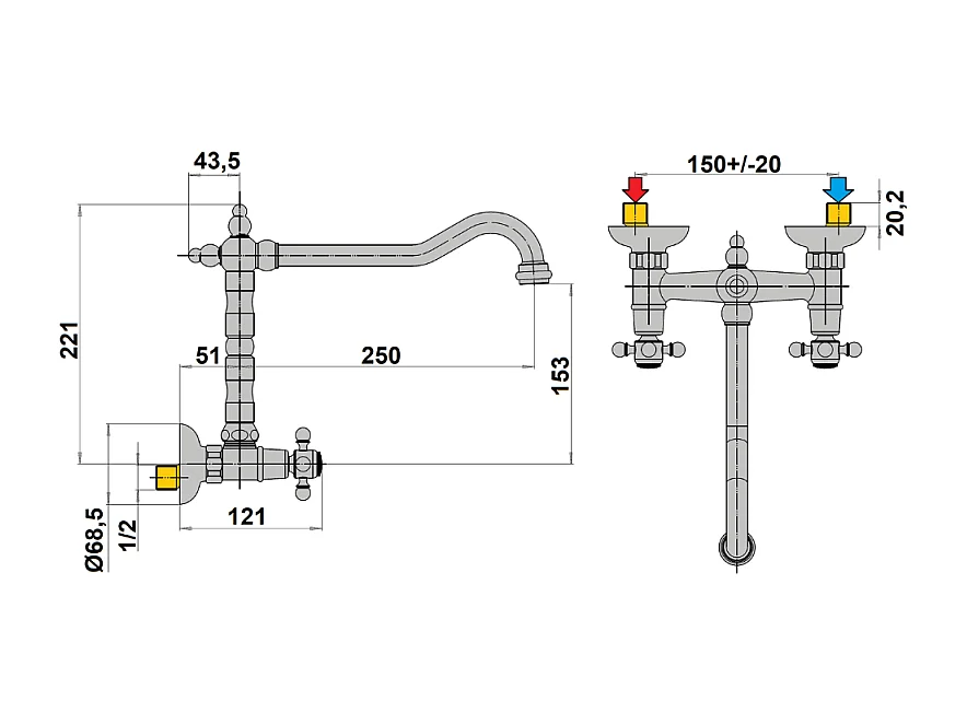Mélangeur de cuisine mural bec rétro PAINI Tiffany Gris Acier