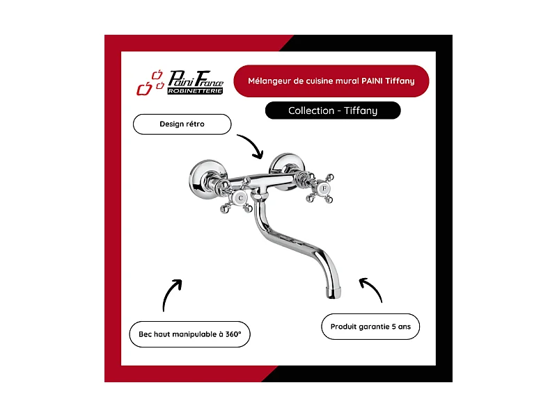 Mélangeur de cuisine mural PAINI Tiffany Gris Acier