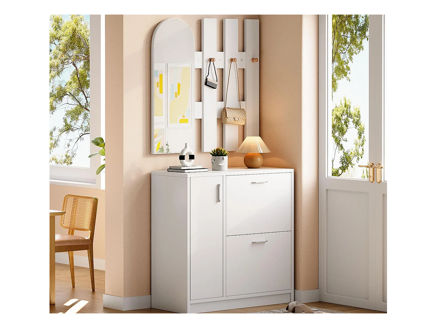 Meuble à chaussures - avec miroir - Ensemble armoire - 2 portes pliantes + 1 porte coulissante - blanc