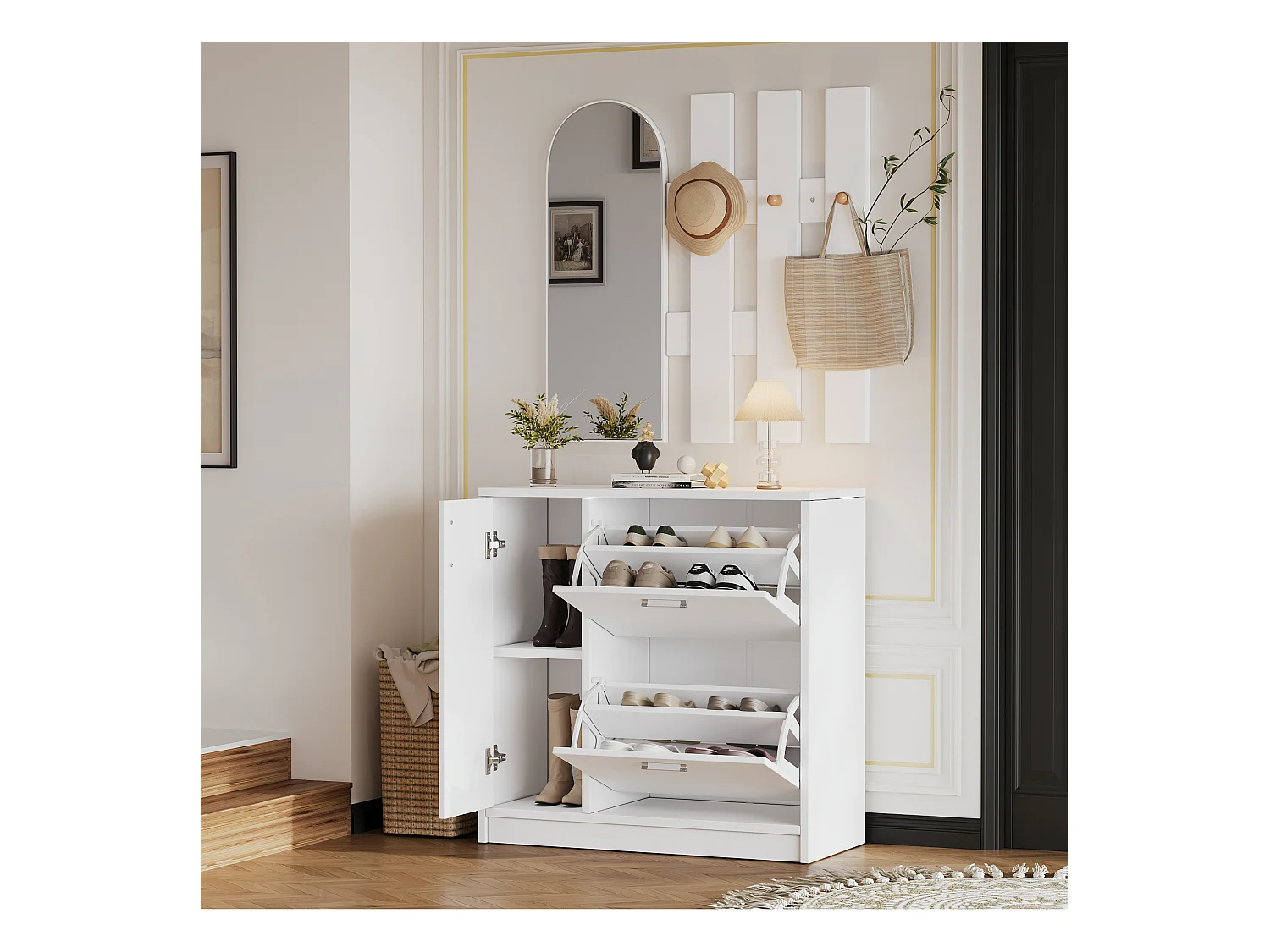 Meuble à chaussures - avec miroir - Ensemble armoire - 2 portes pliantes + 1 porte coulissante - blanc