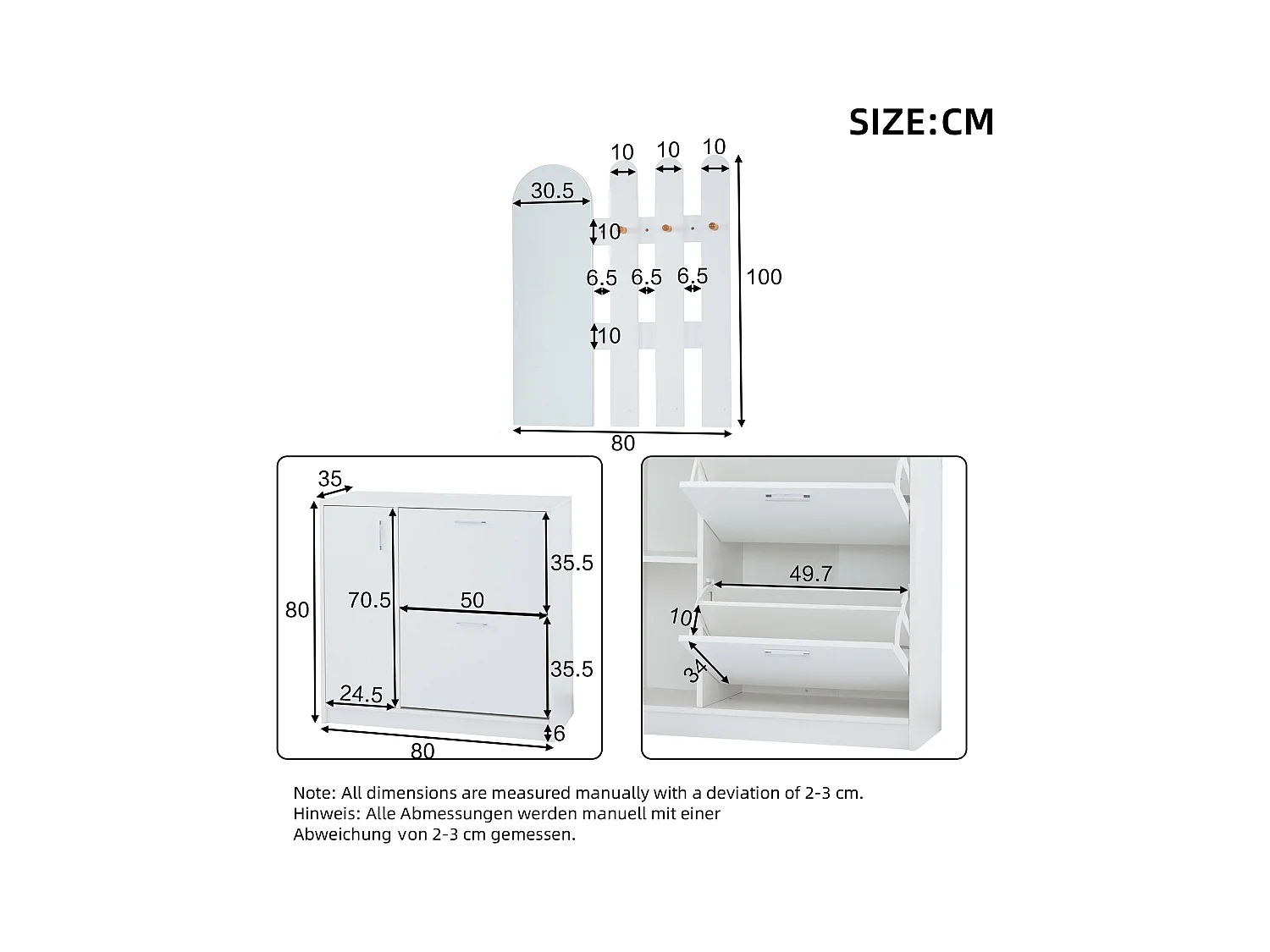 Meuble à chaussures - avec miroir - Ensemble armoire - 2 portes pliantes + 1 porte coulissante - blanc