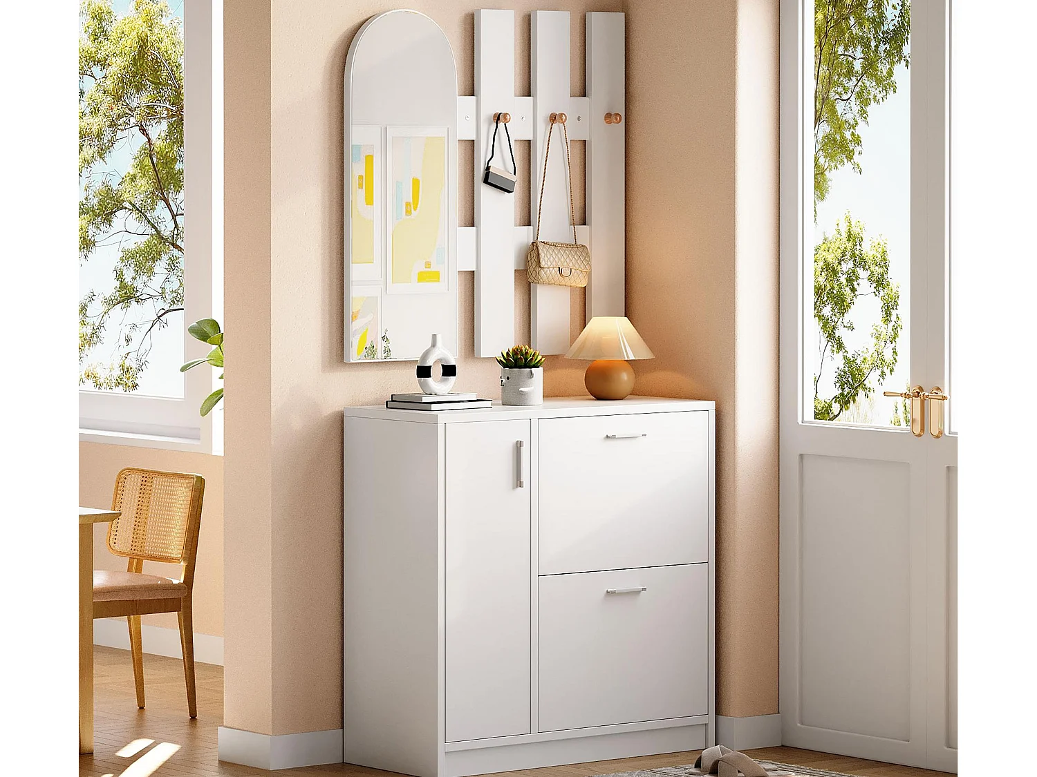 Meuble à chaussures - avec miroir - Ensemble armoire - 2 portes pliantes + 1 porte coulissante - blanc