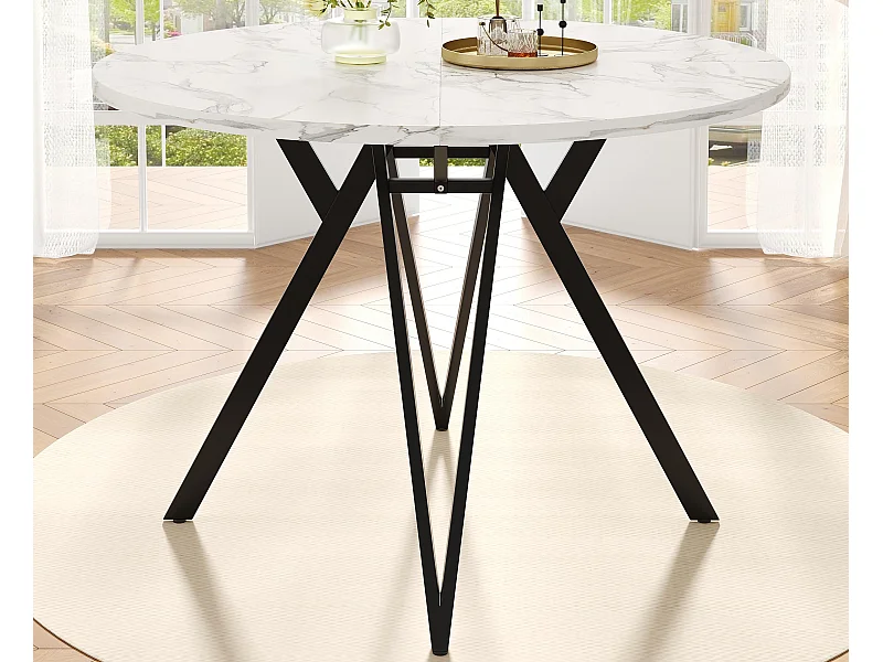 Mesa de comedor redonda - Estructura de metal - Chapado con diseño de mármol - 4 personas - MDF - Blanco y Negro