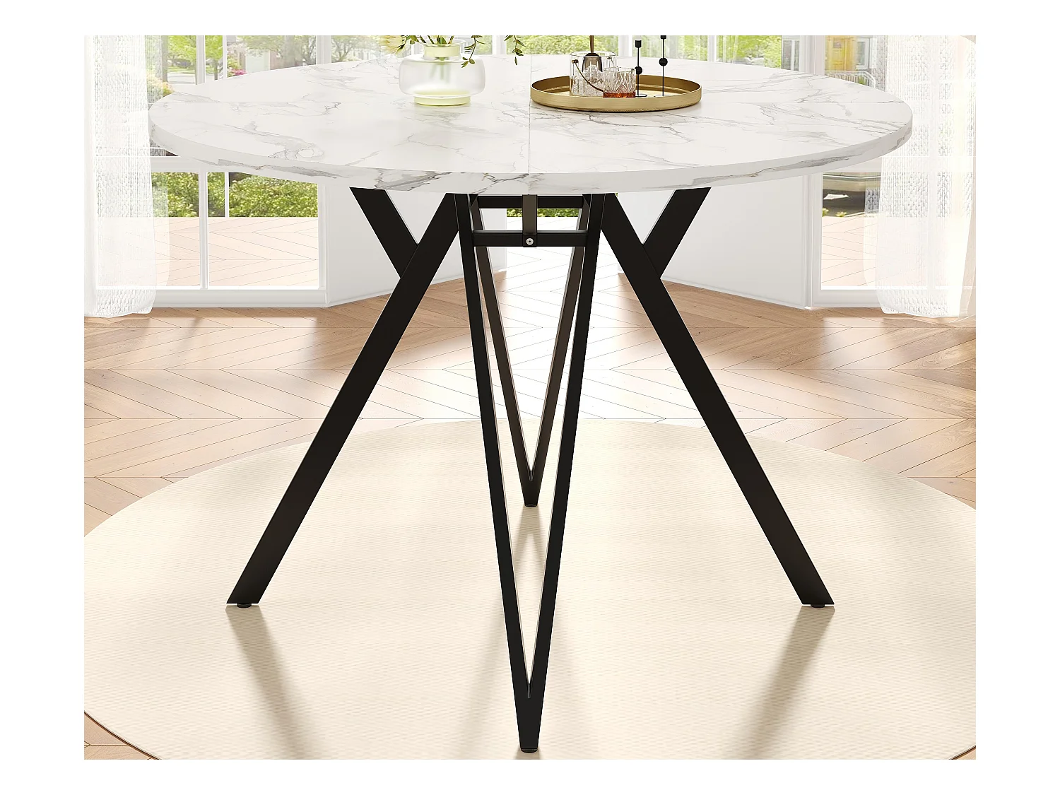 Ronde eettafel - Metalen frame - Marmerlook fineer - Voor 4 personen - MDF - Wit & Zwart