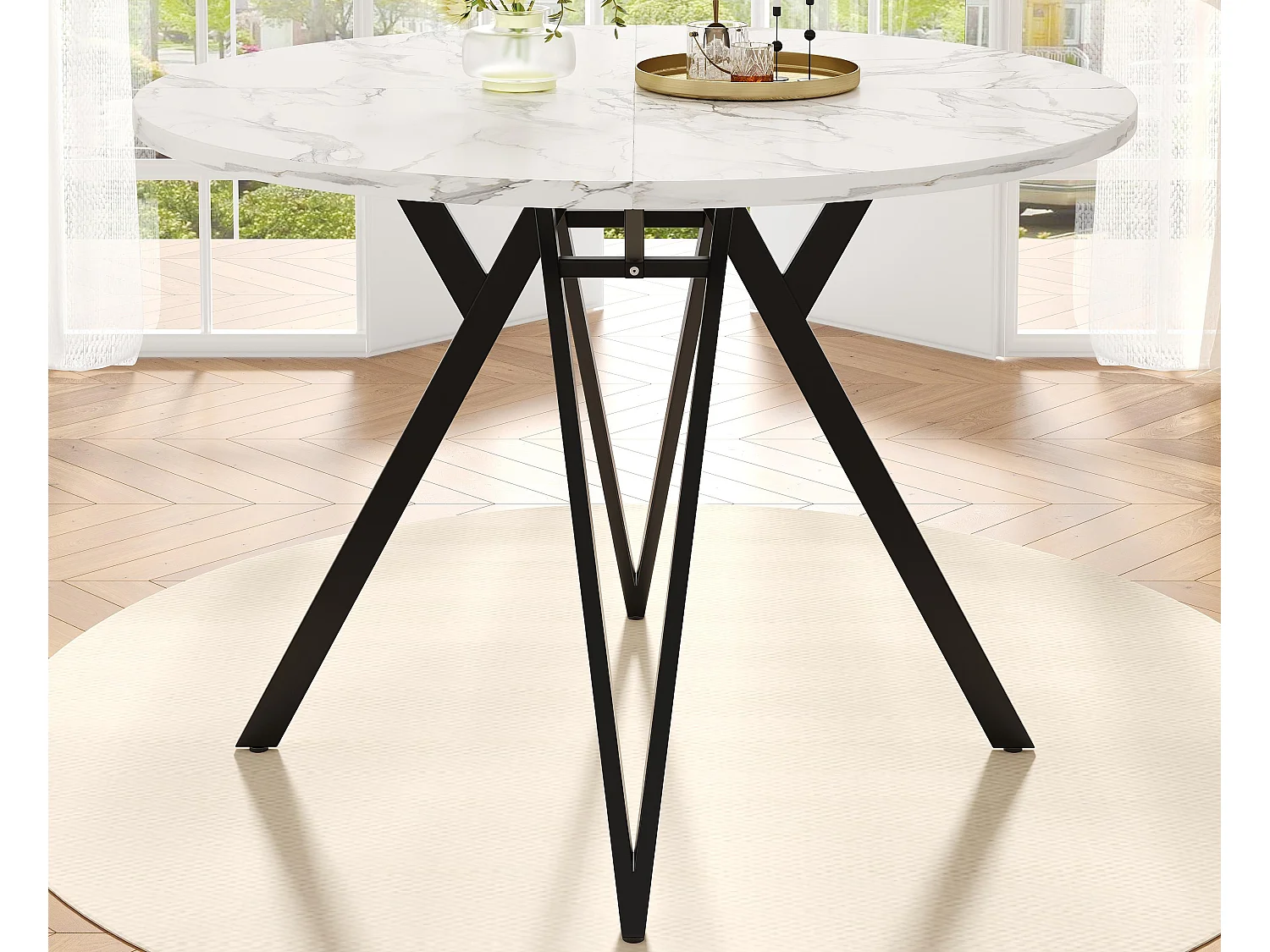 Table à manger ronde - Cadre en métal - placage à motif marbre - 4 personnes - MDF - Blanc & Noir
