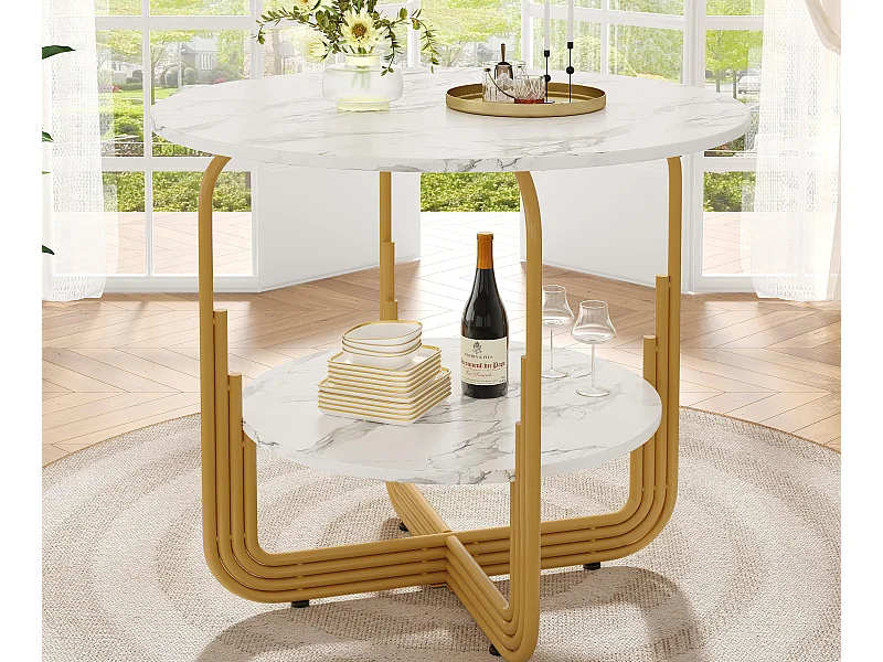 Runder Esstisch - Metallgestell - Marmorierte Oberfläche - Für 4 Personen - Mit Ablageplatte - Weiß & Gold