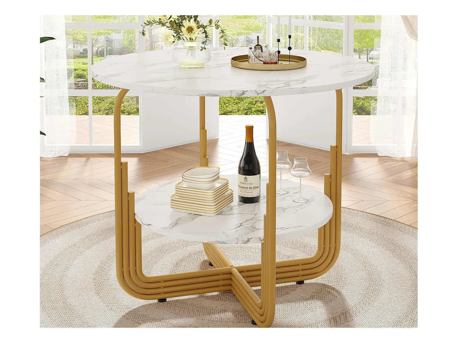 Table à manger ronde - Cadre en métal - placage à motif marbre - 4 personnes - avec plateau de rangement - Blanc & Doré