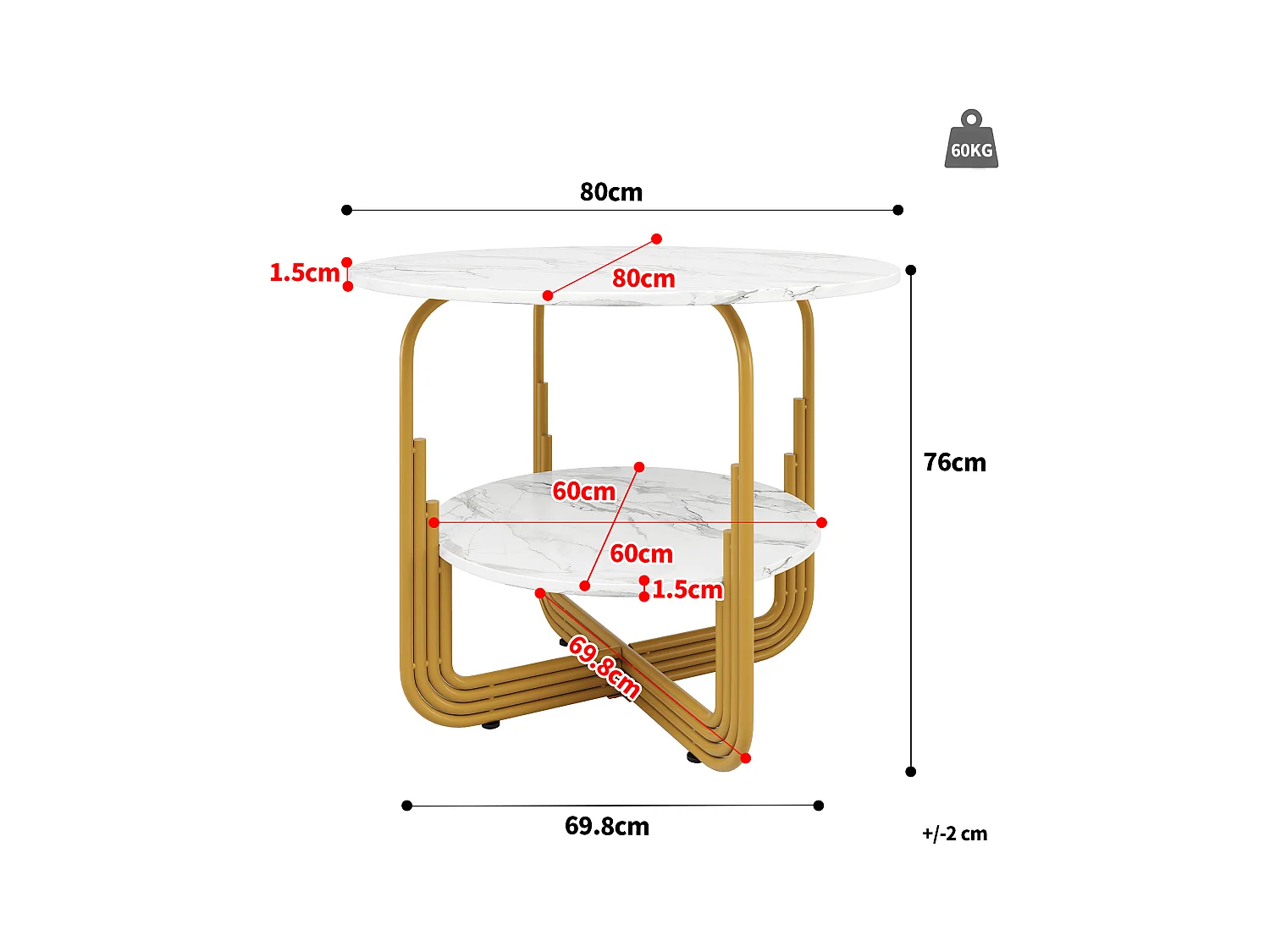 Table à manger ronde - Cadre en métal - placage à motif marbre - 4 personnes - avec plateau de rangement - Blanc & Doré