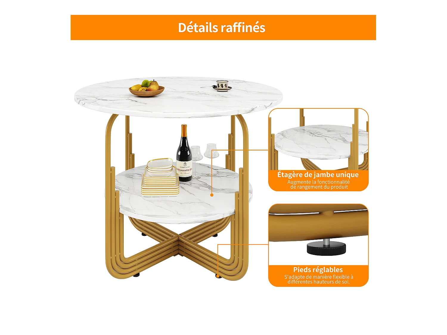 Table à manger ronde - Cadre en métal - placage à motif marbre - 4 personnes - avec plateau de rangement - Blanc & Doré