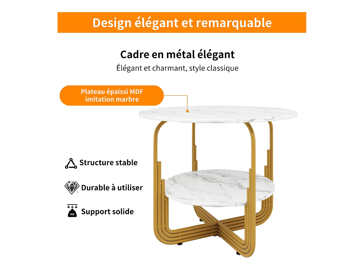Table à manger ronde - Cadre en métal - placage à motif marbre - 4 personnes - avec plateau de rangement - Blanc & Doré