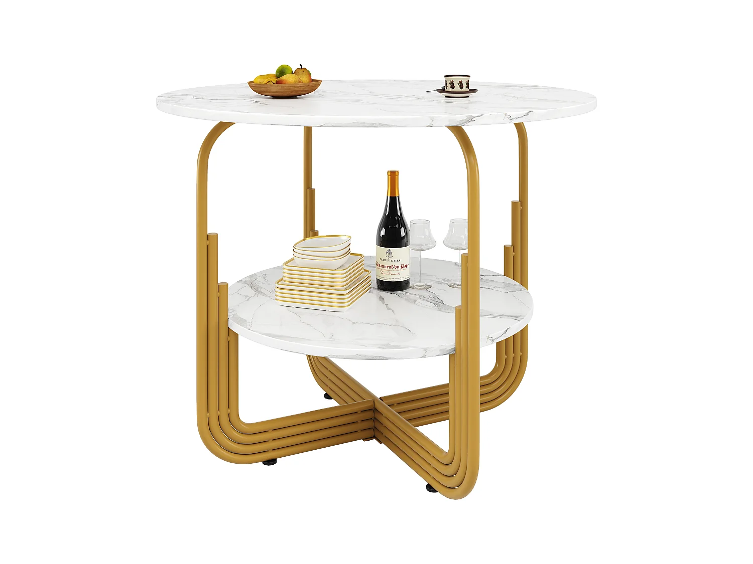 Table à manger ronde - Cadre en métal - placage à motif marbre - 4 personnes - avec plateau de rangement - Blanc & Doré