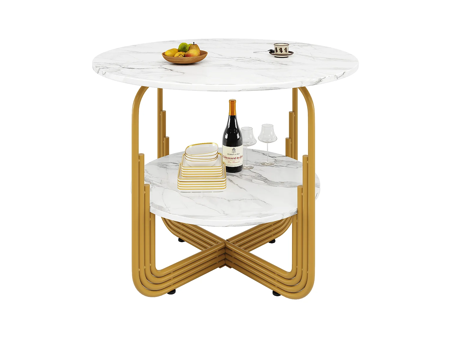 Table à manger ronde - Cadre en métal - placage à motif marbre - 4 personnes - avec plateau de rangement - Blanc & Doré