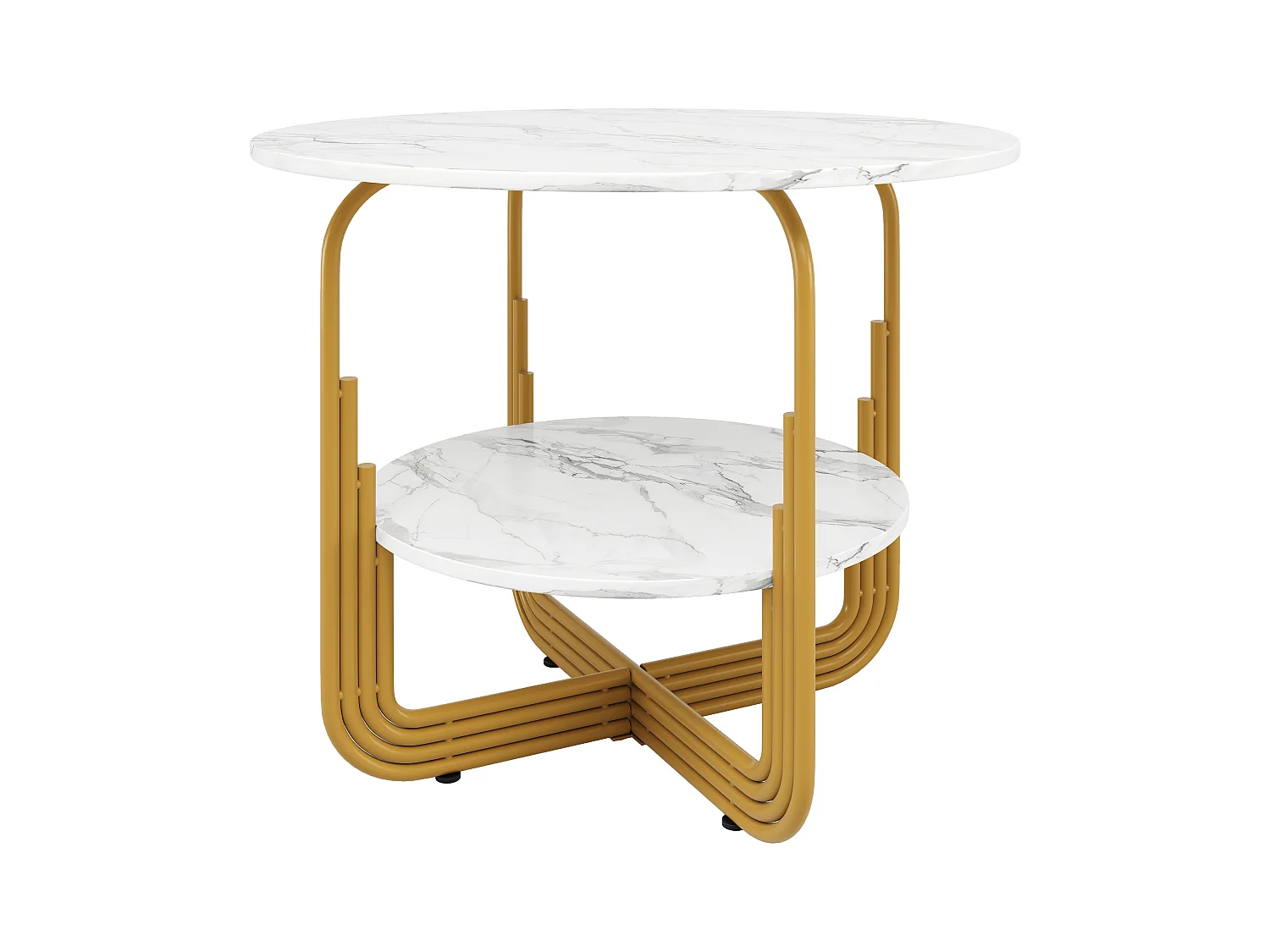 Table à manger ronde - Cadre en métal - placage à motif marbre - 4 personnes - avec plateau de rangement - Blanc & Doré