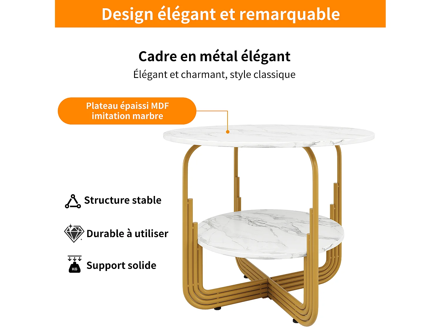 Table à manger ronde - Cadre en métal - placage à motif marbre - 4 personnes - avec plateau de rangement - Blanc & Doré