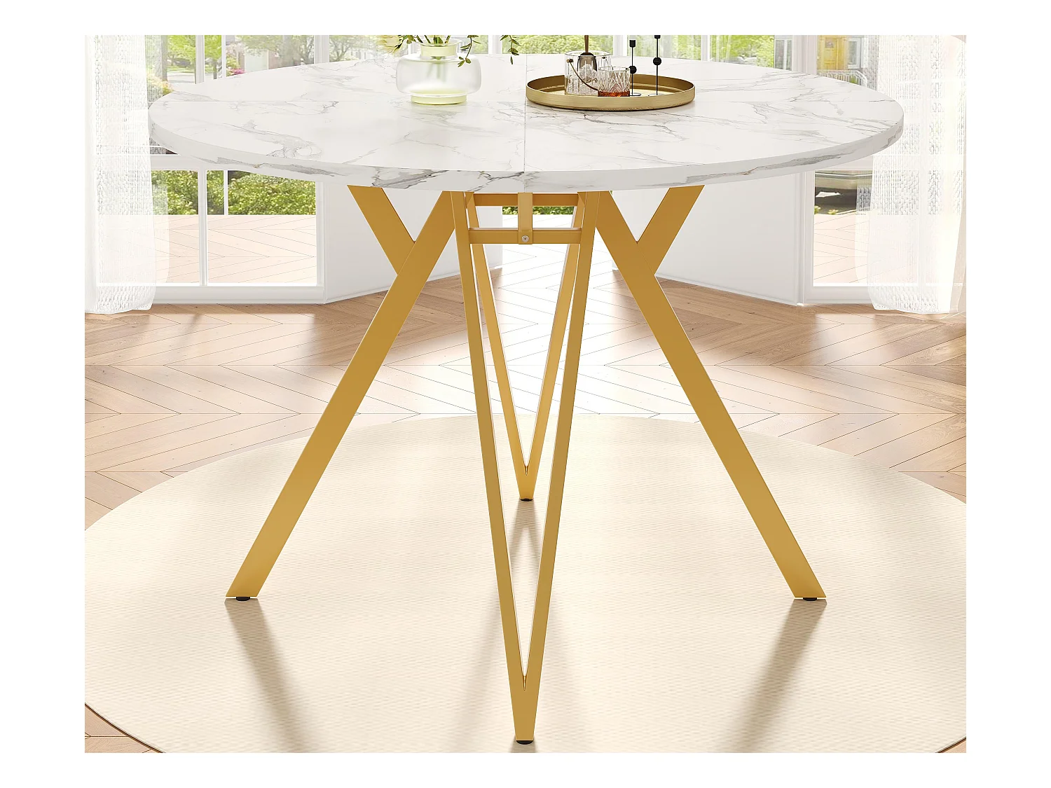Mesa de comedor redonda - Estructura de metal - Chapado con diseño de mármol - 4 personas - MDF - Blanco y Dorado