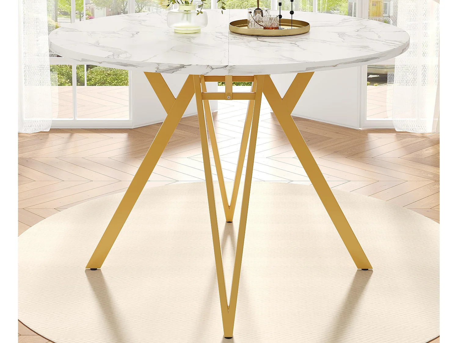 Table à manger ronde - Cadre en métal - placage à motif marbre - 4 personnes - MDF - Blanc & Doré