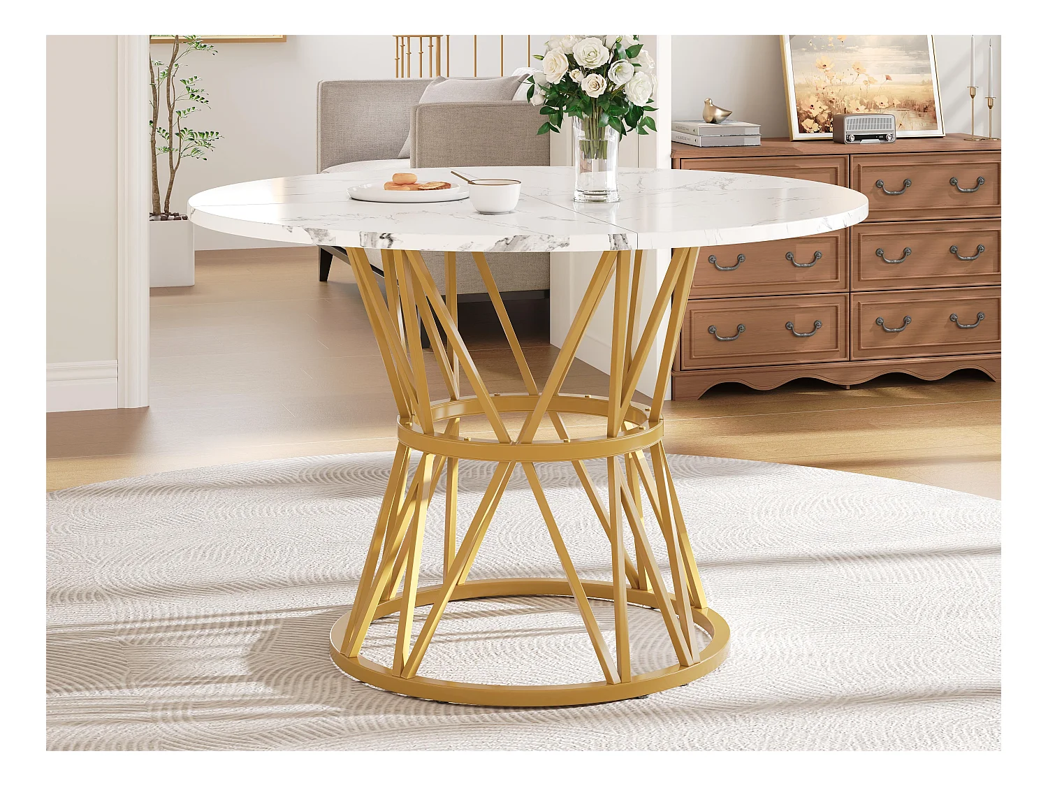 Table à manger ronde - 4 personnes - placage à motif marbre - Cadre en métal - MDF - Blanc & Doré