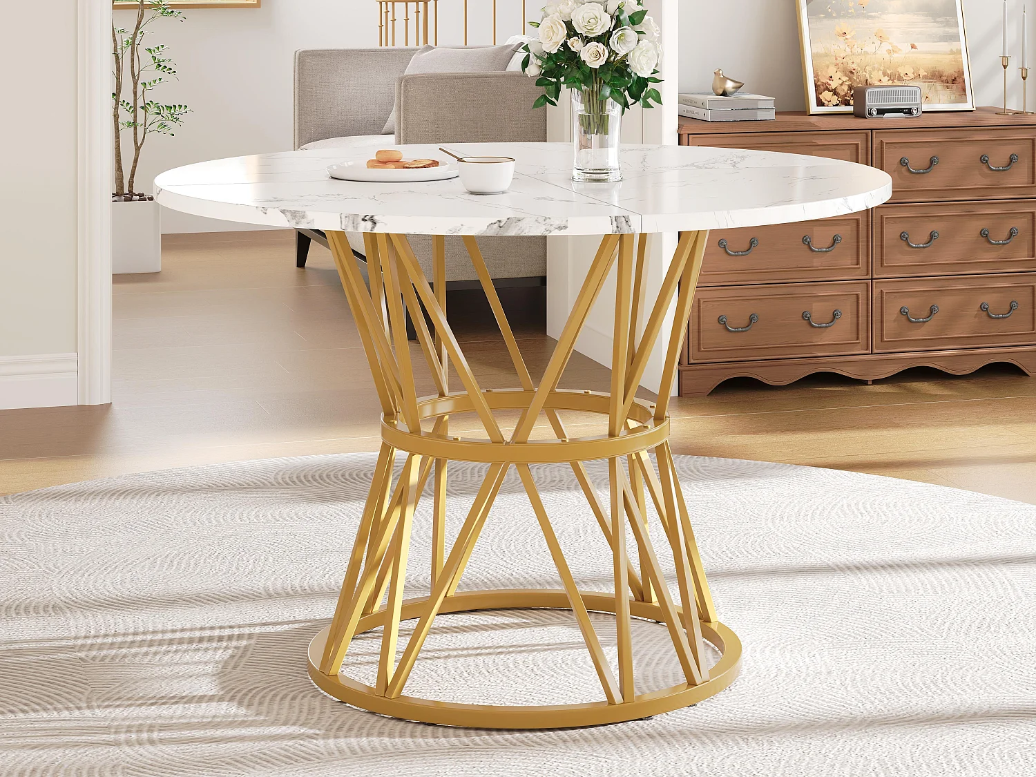 Table à manger ronde - 4 personnes - placage à motif marbre - Cadre en métal - MDF - Blanc & Doré