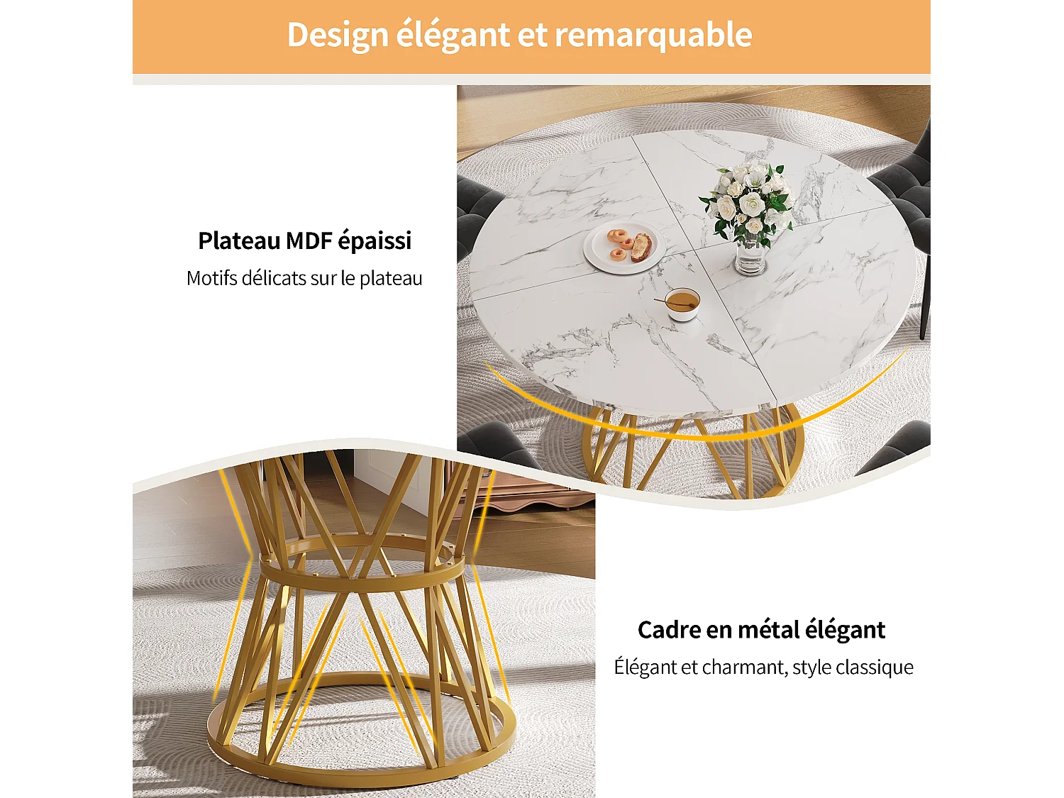 Table à manger ronde - 4 personnes - placage à motif marbre - Cadre en métal - MDF - Blanc & Doré