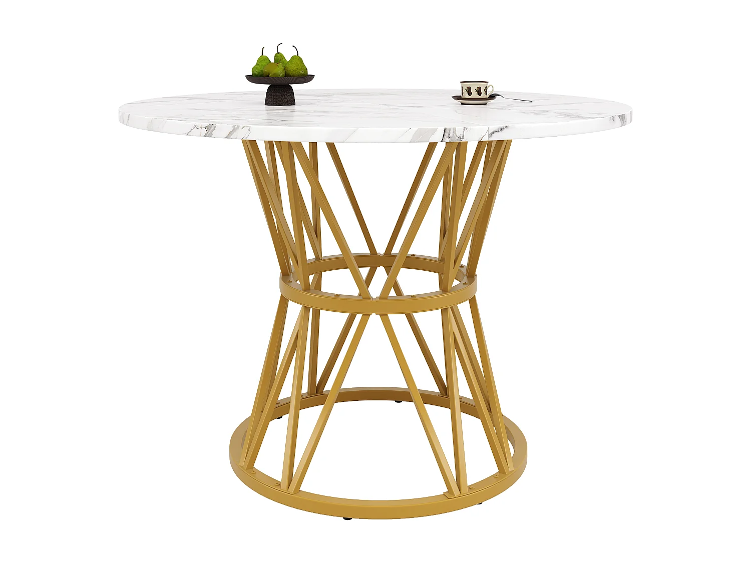 Table à manger ronde - 4 personnes - placage à motif marbre - Cadre en métal - MDF - Blanc & Doré