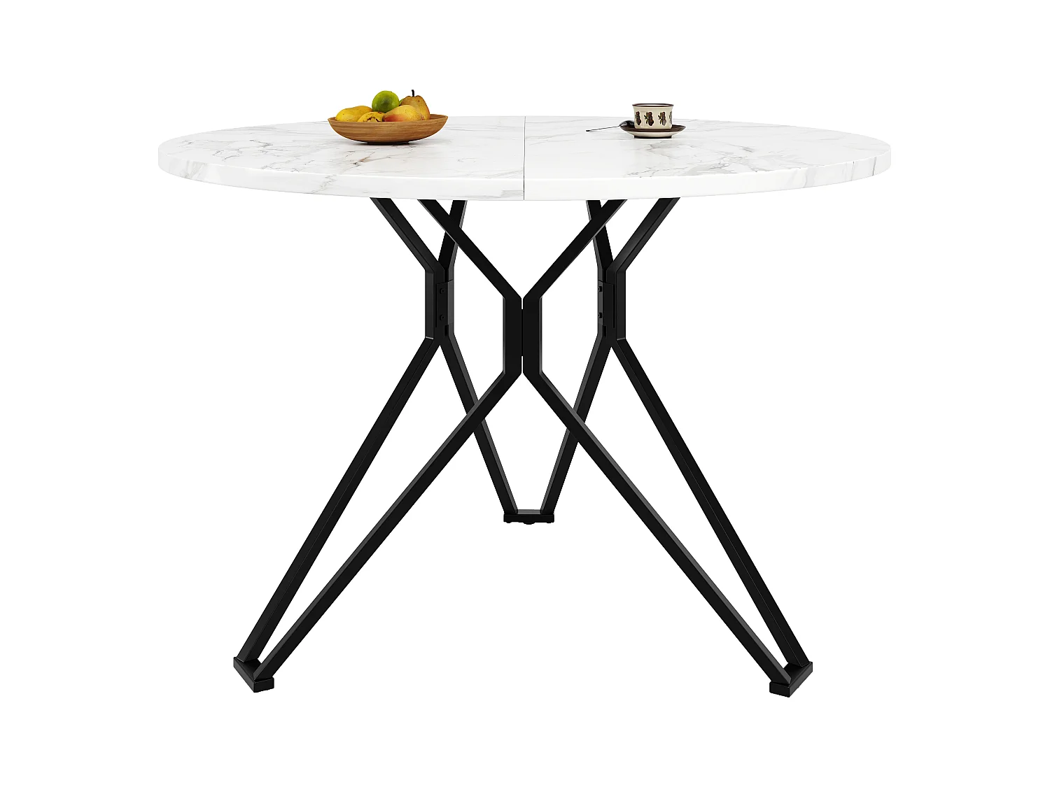 Table à manger ronde - pieds de table croisés - placage à motif marbre - 4 personnes - MDF - Blanc & Noir