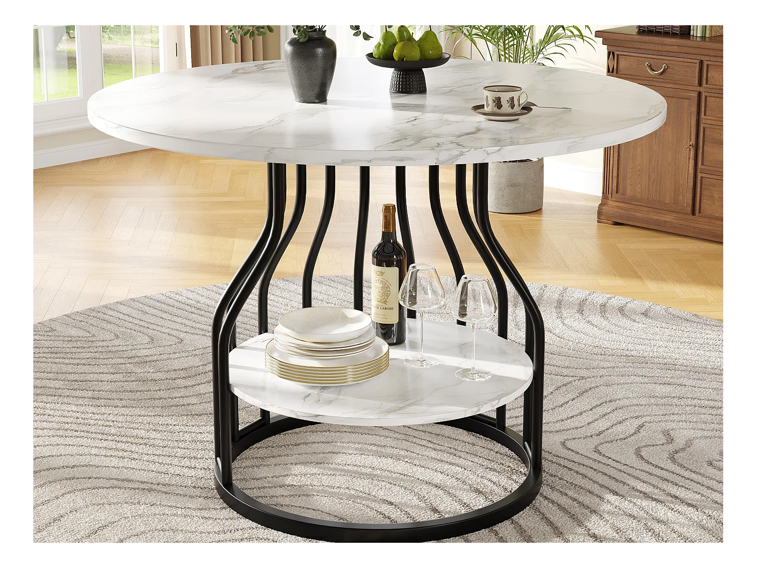 Table à manger ronde - Cadre en métal - placage à motif marbre - 4 personnes - avec plateau de rangement - Blanc & Noir