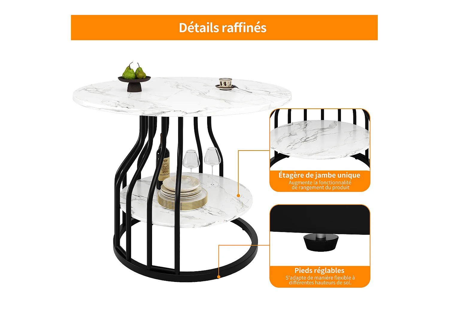 Table à manger ronde - Cadre en métal - placage à motif marbre - 4 personnes - avec plateau de rangement - Blanc & Noir