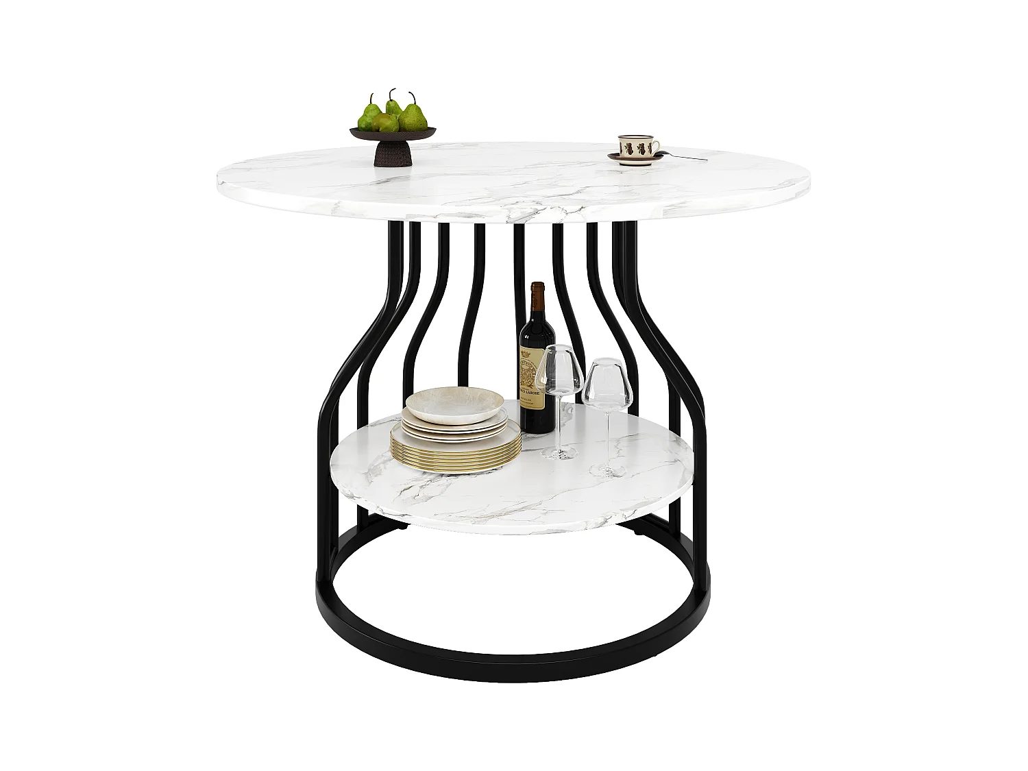 Table à manger ronde - Cadre en métal - placage à motif marbre - 4 personnes - avec plateau de rangement - Blanc & Noir