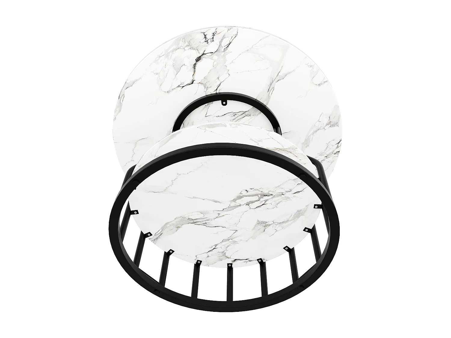 Table à manger ronde - Cadre en métal - placage à motif marbre - 4 personnes - avec plateau de rangement - Blanc & Noir