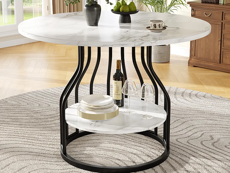 Runder Esstisch - Metallgestell - Marmorierte Oberfläche - Für 4 Personen - Mit Ablageplatte - Weiß & Schwarz