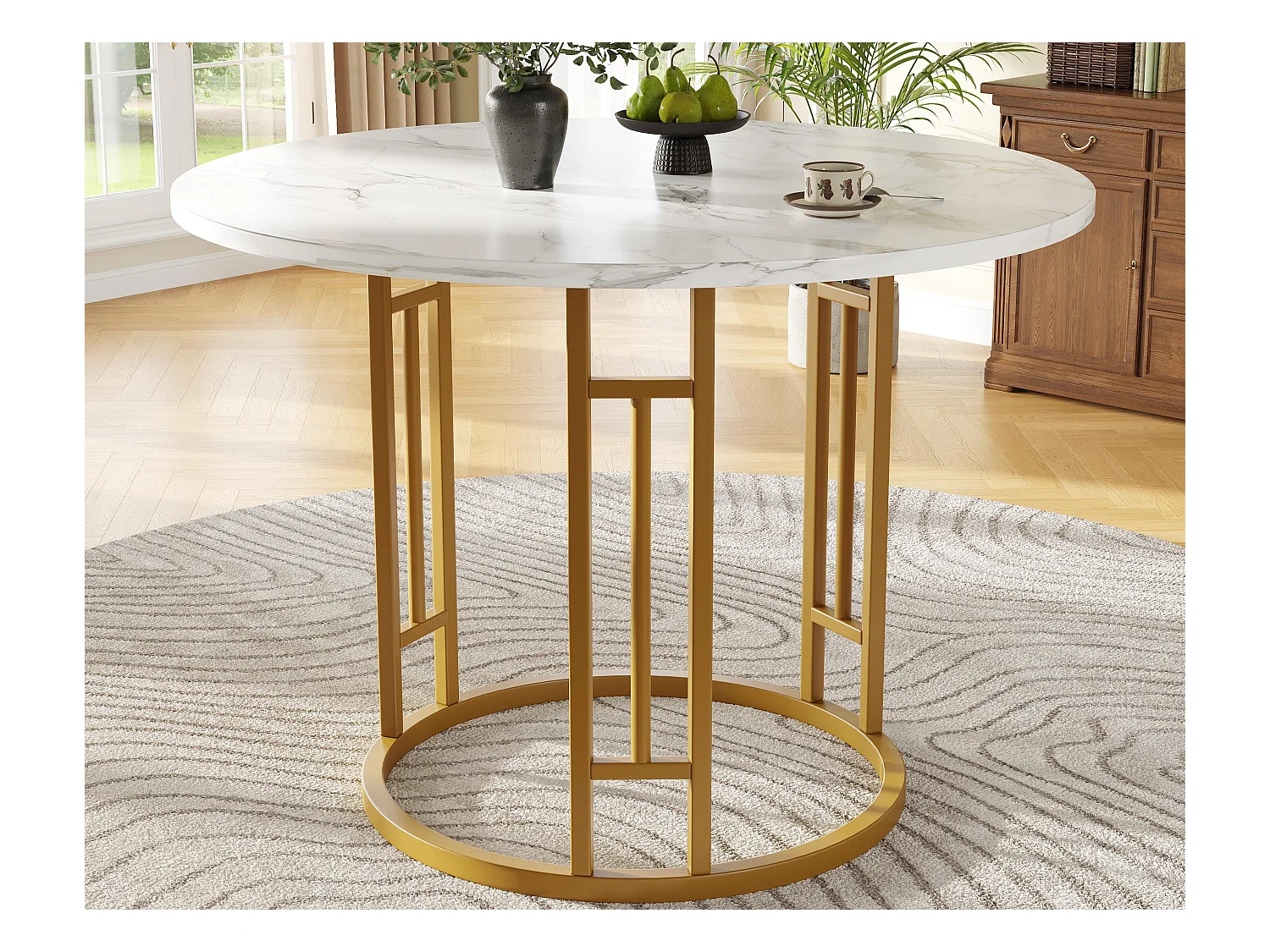 Table à manger ronde - Cadre en métal - placage à motif marbre - 4 personnes - MDF - Blanc & Doré