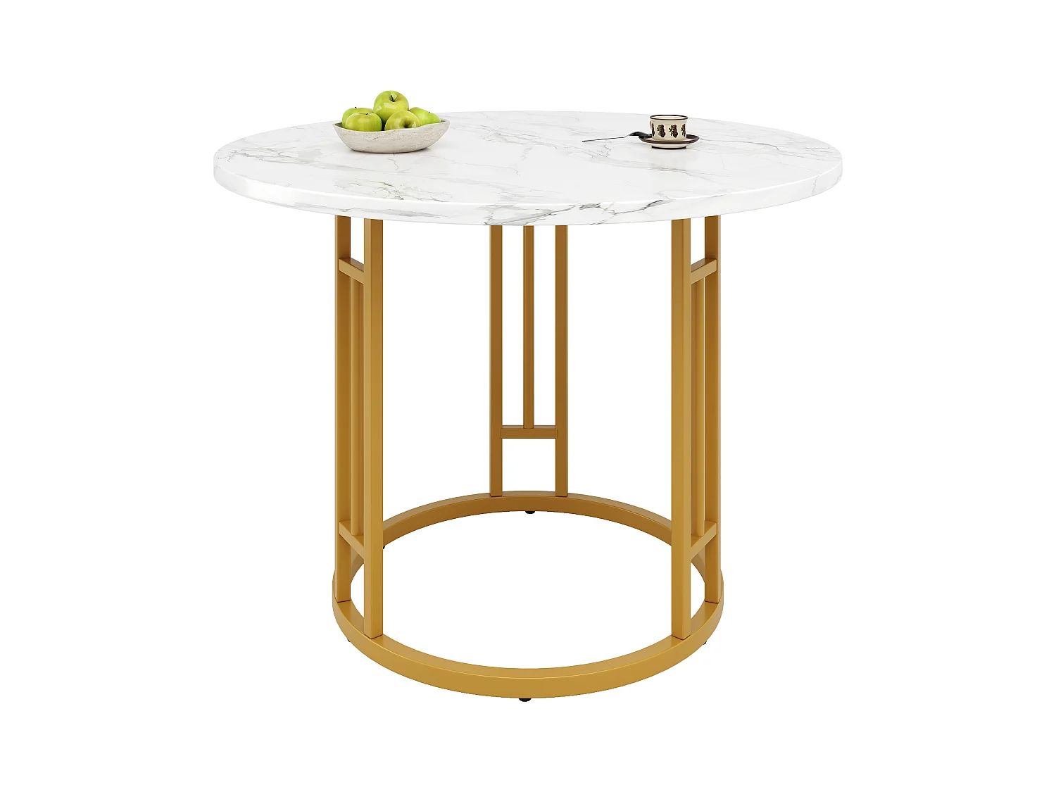 Table à manger ronde - Cadre en métal - placage à motif marbre - 4 personnes - MDF - Blanc & Doré