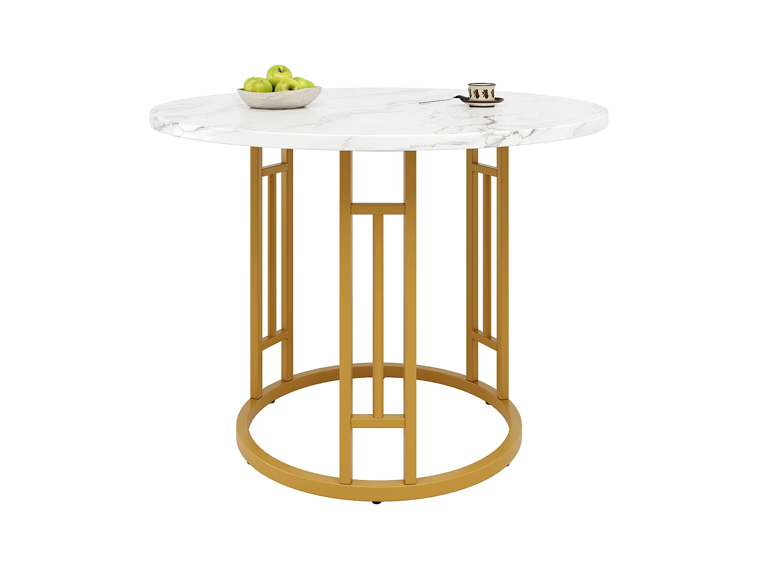 Table à manger ronde - Cadre en métal - placage à motif marbre - 4 personnes - MDF - Blanc & Doré