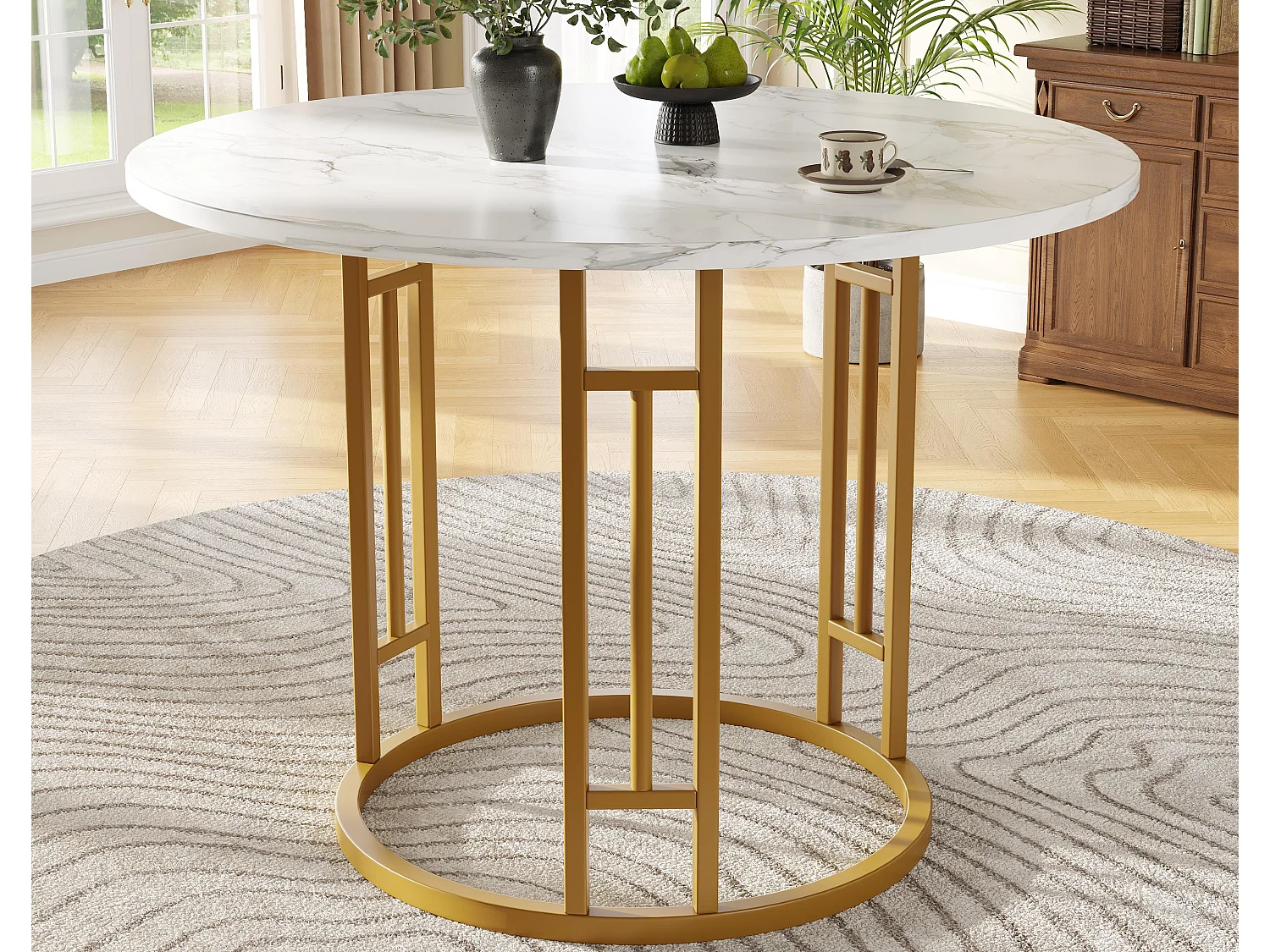 Table à manger ronde - Cadre en métal - placage à motif marbre - 4 personnes - MDF - Blanc & Doré