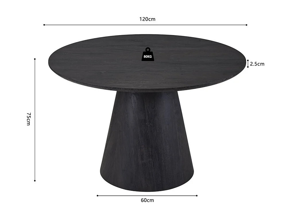Table à manger ronde BOKOR – Diamètre 120 cm – Coloris brun foncé – Style contemporain et chaleureux