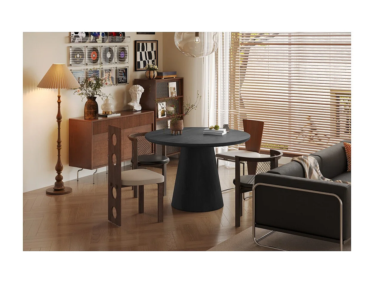 Table à manger ronde BOKOR – Diamètre 120 cm – Coloris brun foncé – Style contemporain et chaleureux