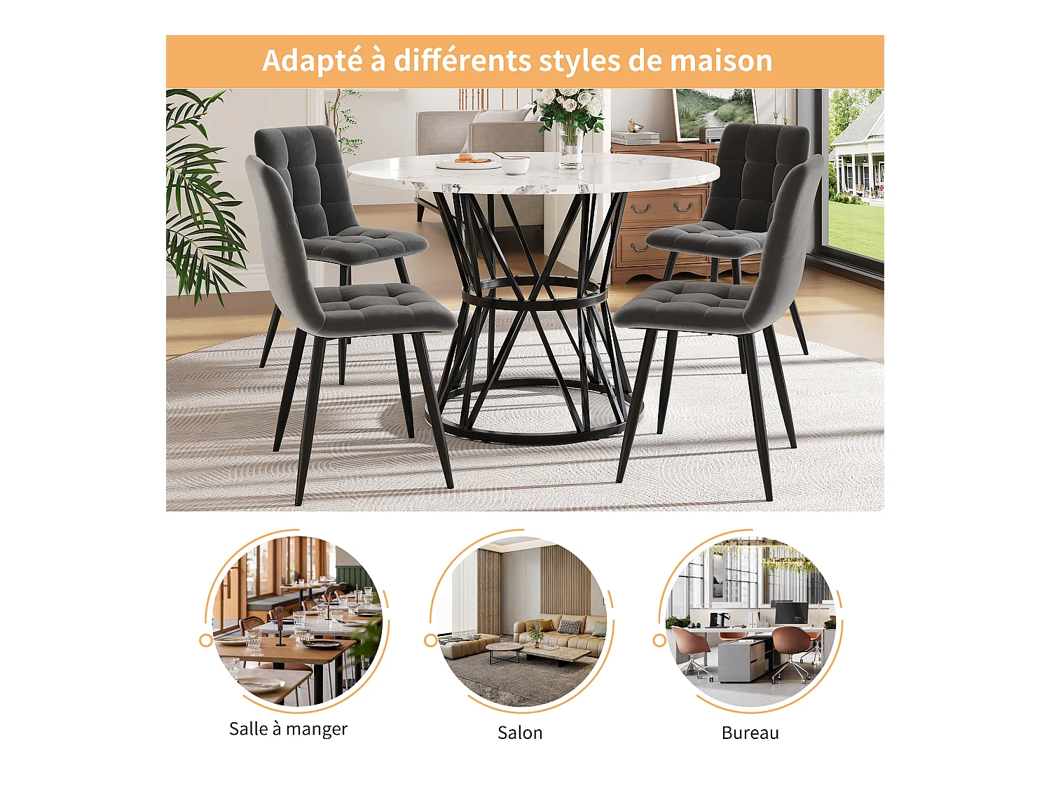 Table à manger ronde - 4 personnes - placage à motif marbre - Cadre en métal - MDF - Blanc & Noir