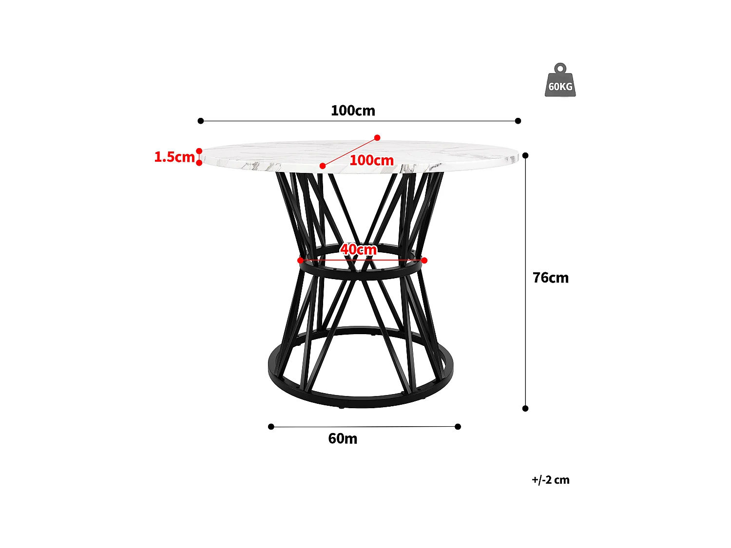 Table à manger ronde - 4 personnes - placage à motif marbre - Cadre en métal - MDF - Blanc & Noir