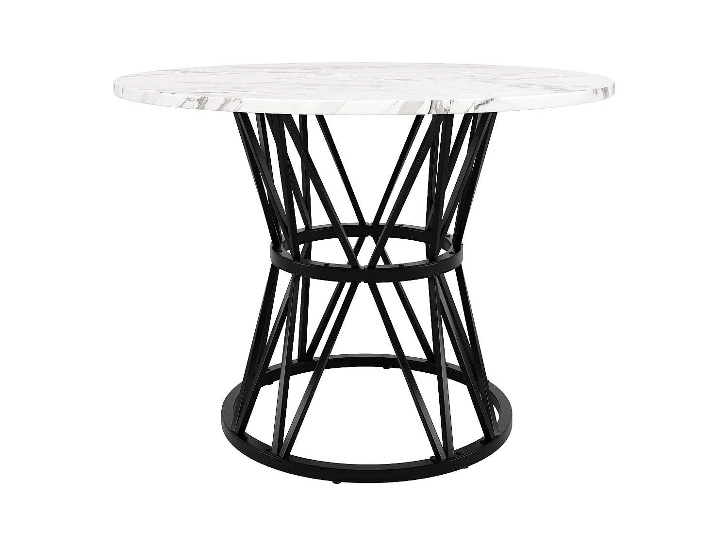 Table à manger ronde - 4 personnes - placage à motif marbre - Cadre en métal - MDF - Blanc & Noir