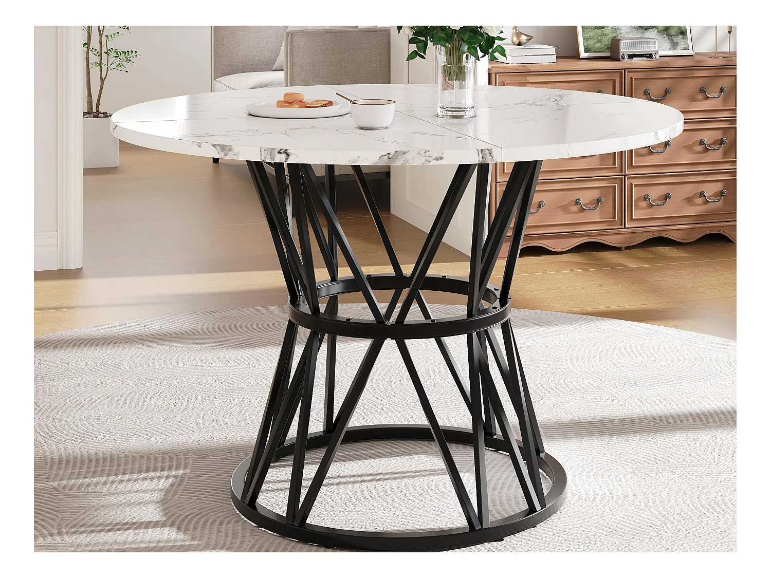 Mesa de comedor redonda - 4 personas - Chapado con diseño de mármol - Estructura de metal - MDF - Blanco y Negro